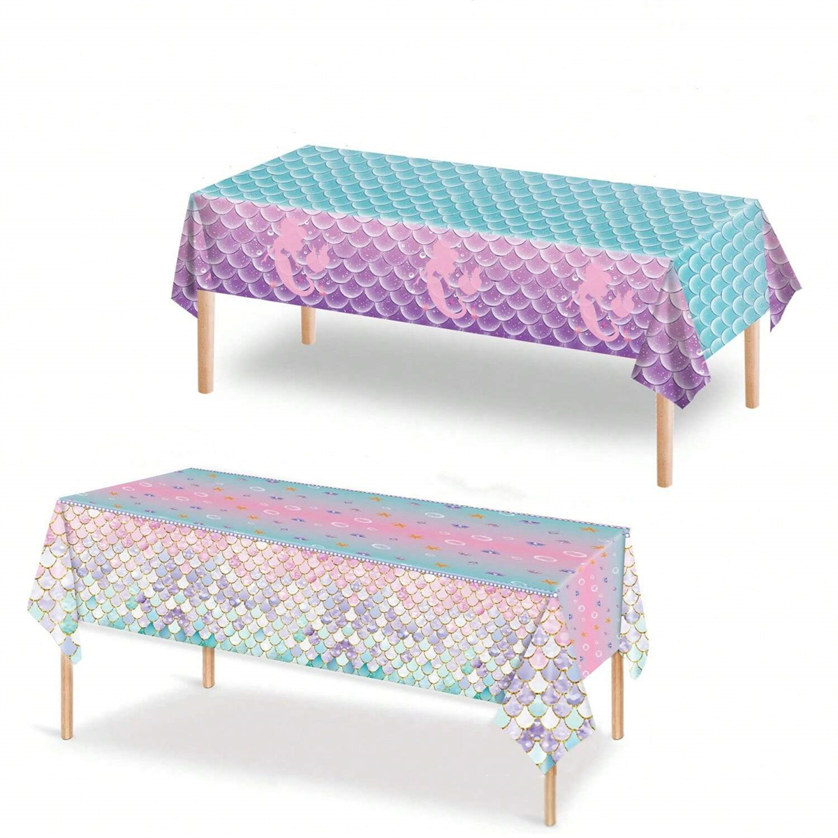Table Cloth Disposable - ผ้าปูโต๊ะพลาสติก PE แบบใช้แล้วทิ้ง 1 ชิ้น ลายเงือกและเกล็ดปลา