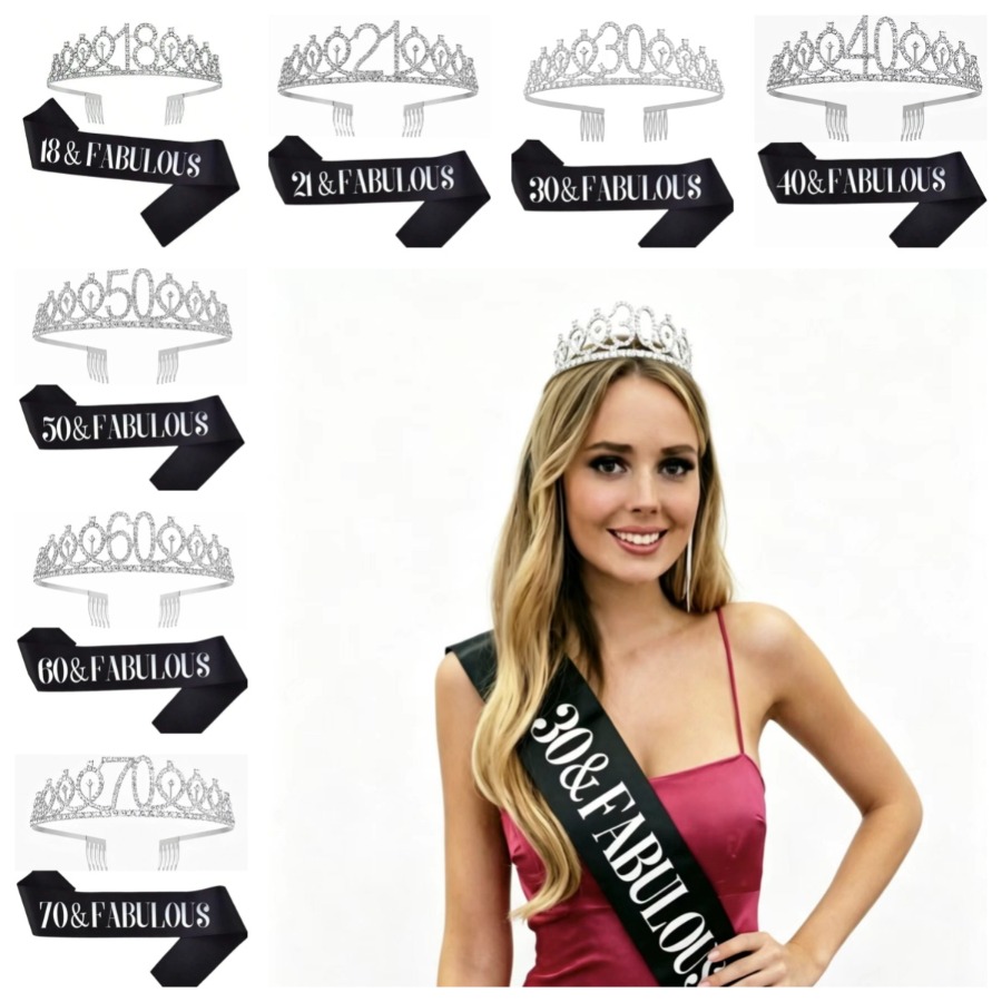 Birthday Sash Glitter - มงกุฎวันเกิดสีเงินวิบวับ พร้อมสายสะพาย สำหรับผู้หญิงและเด็กผู้หญิง อายุ 18 21