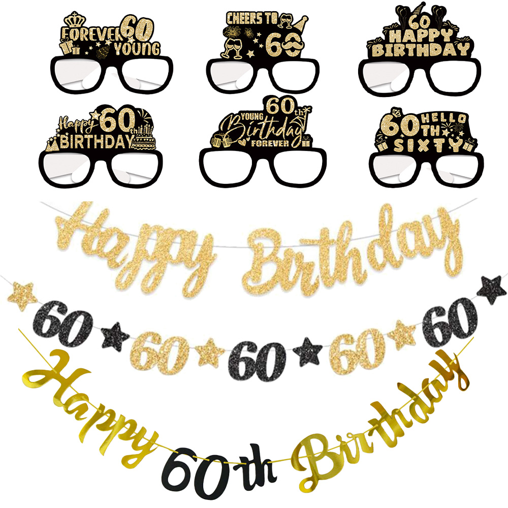 Party Banner Gold - ของตกแต่งงานวันเกิดครบรอบ 60 ปี สีดำและสีทอง ป้ายแบนเนอร์วันเกิดครบรอบ 60