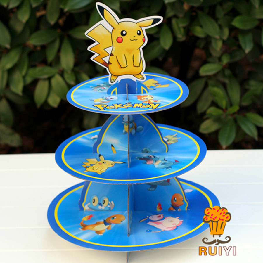 Cupcake Stand Tier - Pikachu Pokemon สามชั้นเค้กน่ารักการ์ตูนเค้กเด็กตกแต่งถาดขนม Party Supplies