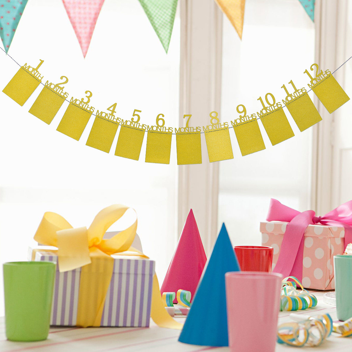 Party Banner Gold - แบนเนอร์ตกแต่งผนังสำหรับถ่ายภาพวันเกิดเด็กอายุ 12 เดือน ทำจากทองคำ งานแฮนด์เมด สำหรับงานปาร์ตี้ในร่มและกลางแจ้ง